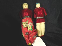 7'' PAIR OF VINTAGE NAVAJO MAN WOMAN DOLLS RED VELVET OUTFITS,  BEADS, RED SHOES